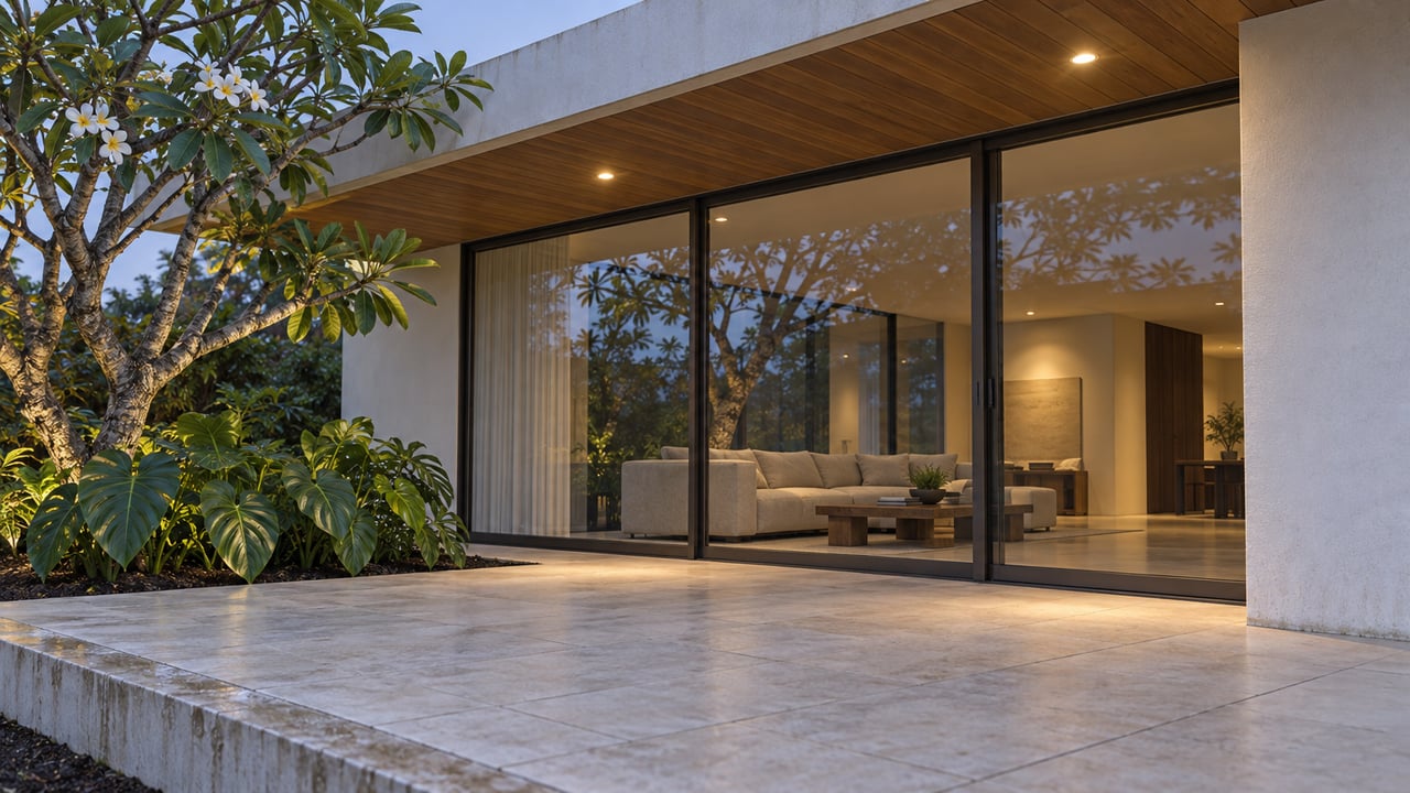 A modern home's glazed living room opens visually onto a pale stone terrace beneath a timber soffit, beside a sculptural flowering tree at dusk.