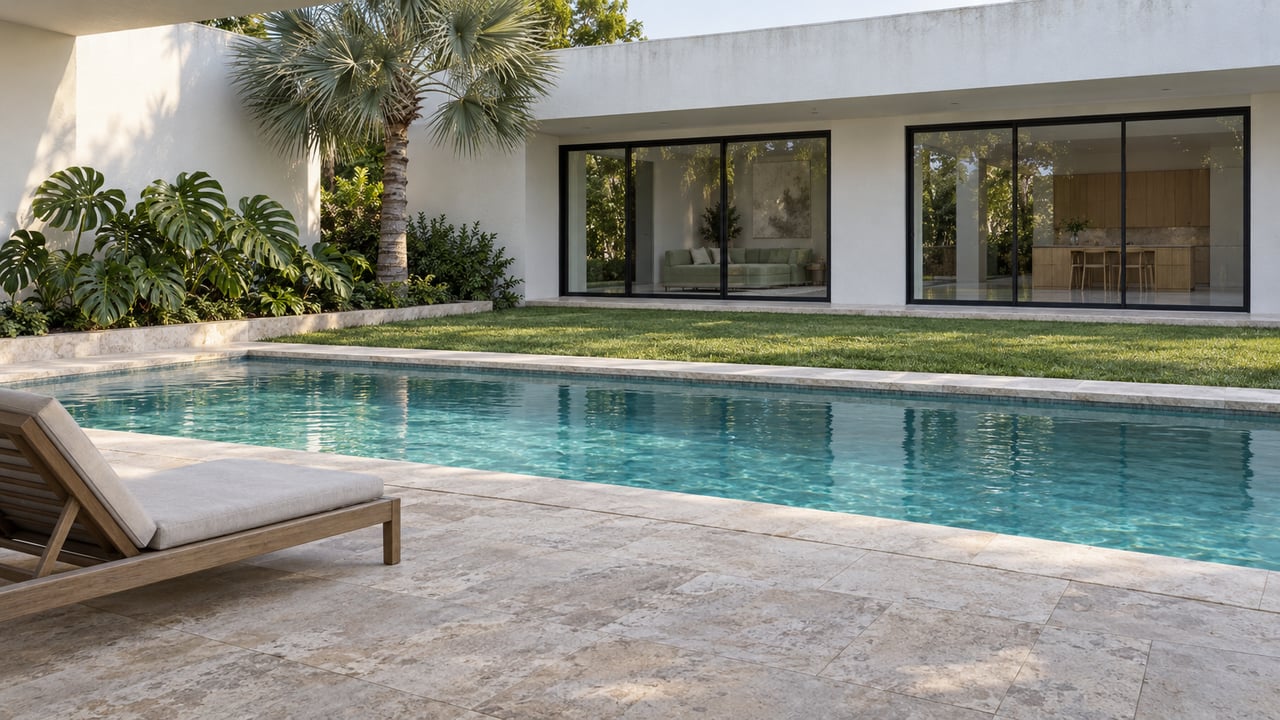 White contemporary home with closed black-framed glass doors beyond a limestone terrace, blue-green pool and broad lawn, with a silver fan palm and split-leaf planting.