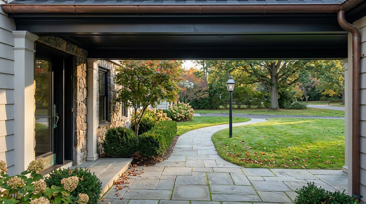 Bluestone walkway curves across a front lawn toward a mature tree, beside a stone-and-clapboard home.