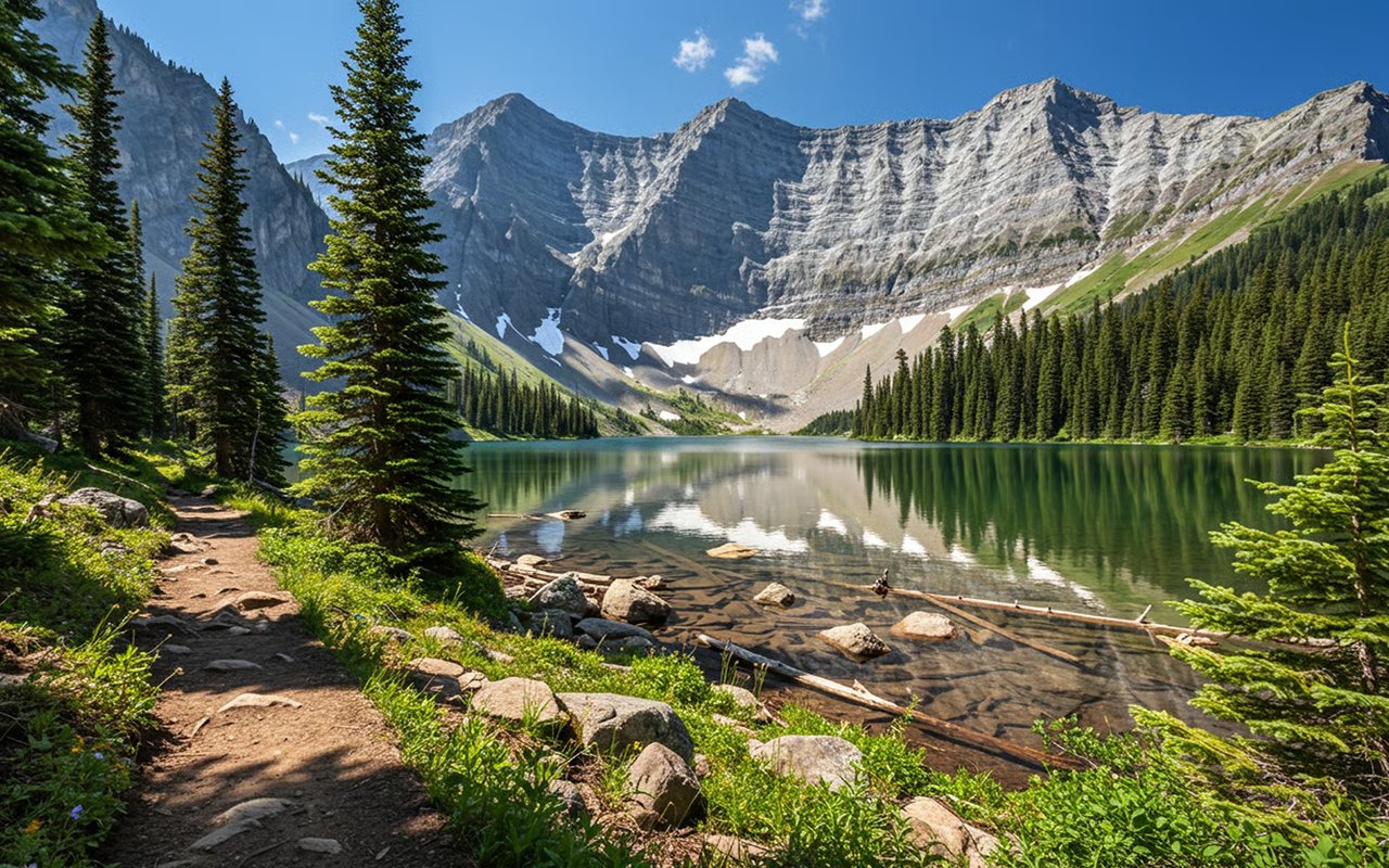 Alpine lake beneath rugged snow-patched mountains, bordered by pine forest and a rocky trail.