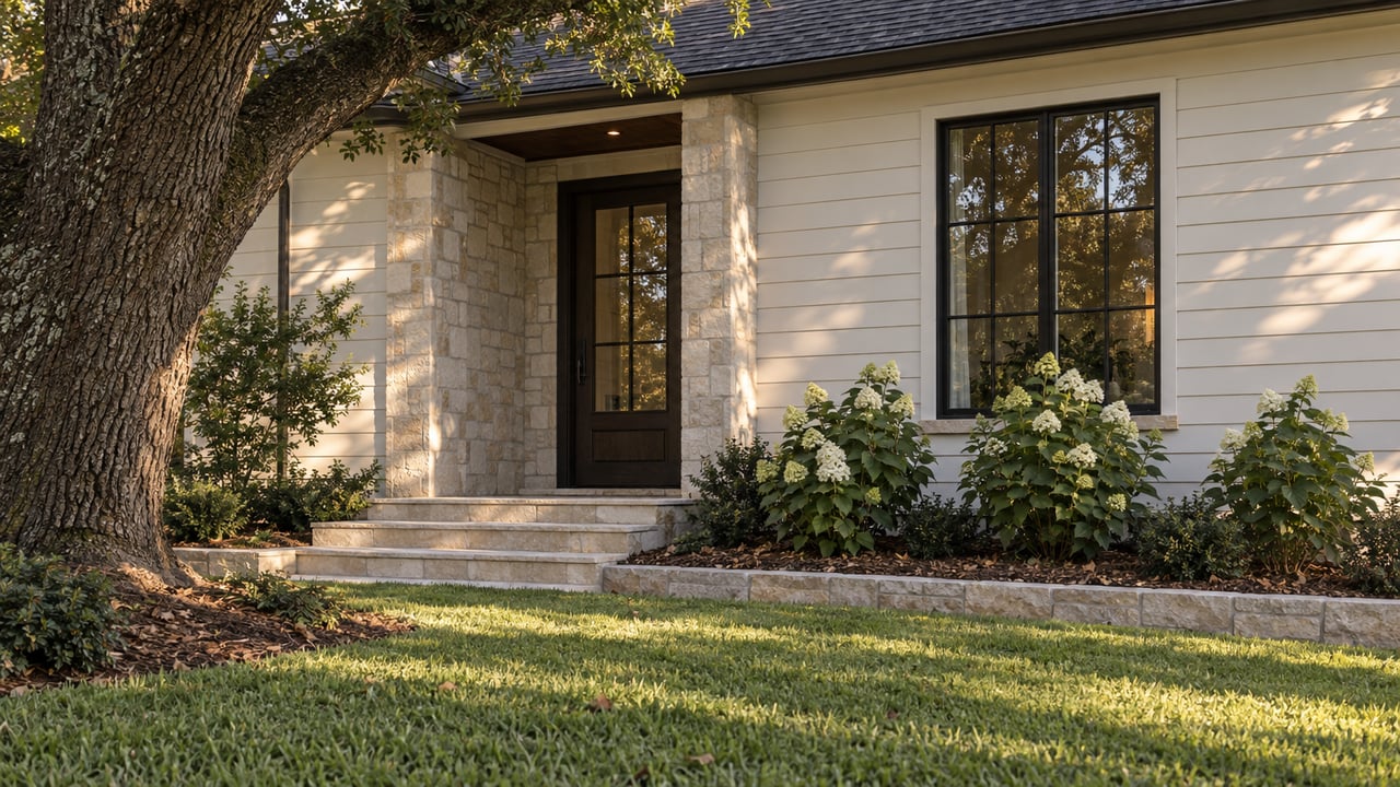 Warm-white clapboard house with a dark entry door, limestone steps, and an oak beside hydrangeas.