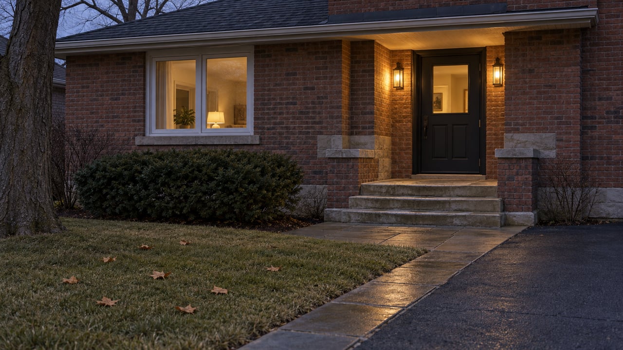 A brick home's softly lit recessed entrance, limestone steps and damp stone approach beside a late-autumn lawn.