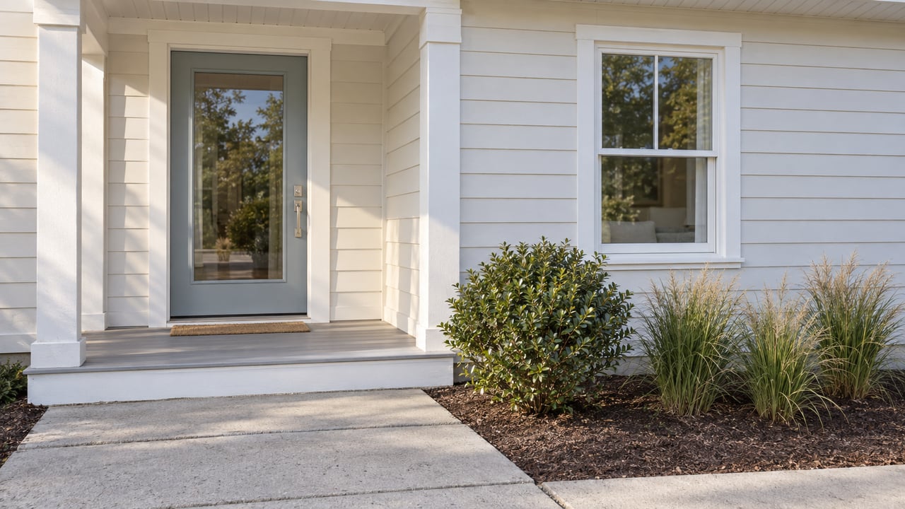 Warm-white coastal house entry with a glass-paneled door, double-hung window, concrete walkway, and compact planting bed.