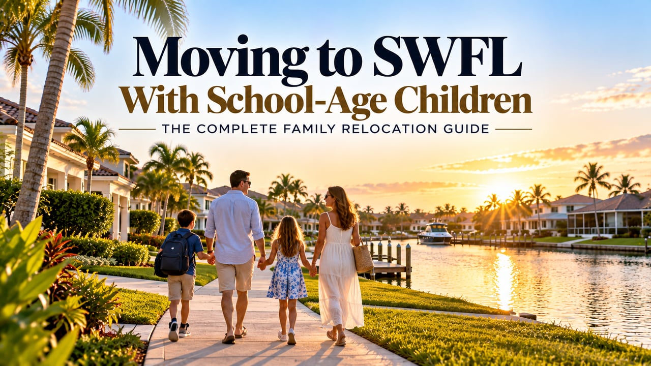 Family with two school-age children walking through a beautiful Southwest Florida waterfront neighborhood at sunset, highlighting family relocation, schools, kid-friendly communities, and lifestyle opportunities in Naples, Fort Myers, Estero, Bonita Springs, and Cape Coral.