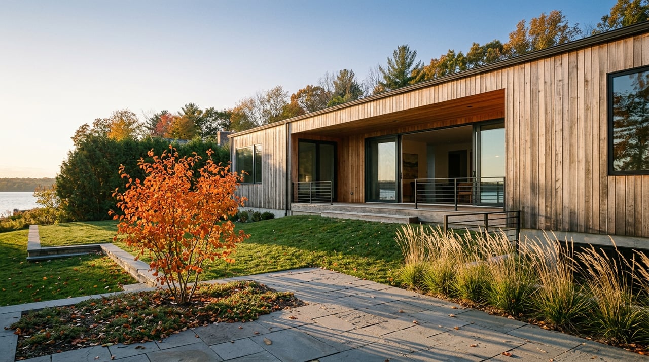 Cedar-sided home with black-framed glass doors, bluestone terraces, and an orange-red serviceberry tree.