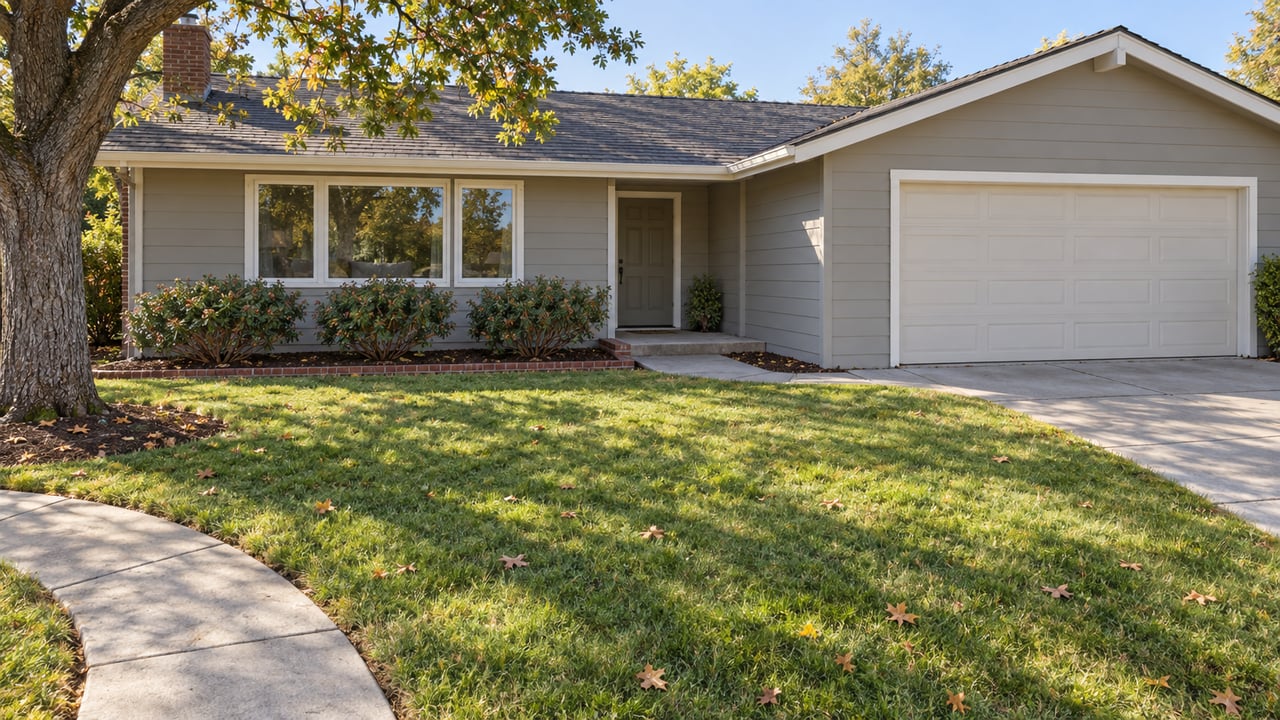 A gray-sided single-story home with white trim, a deep autumn-green lawn, curved concrete walk and mature oak.
