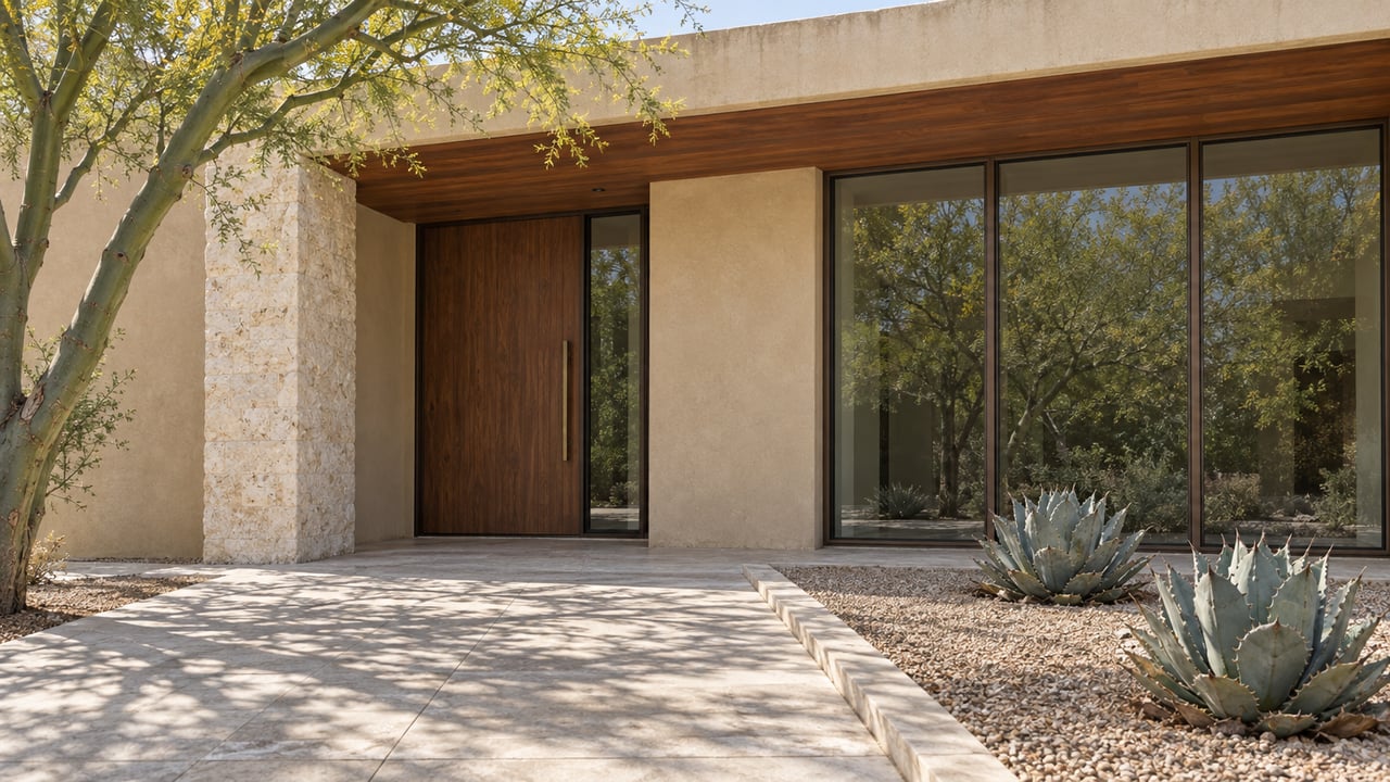 Warm stucco home with a shaded wood entry, bronze-framed glazing, limestone approach and sculptural desert planting.