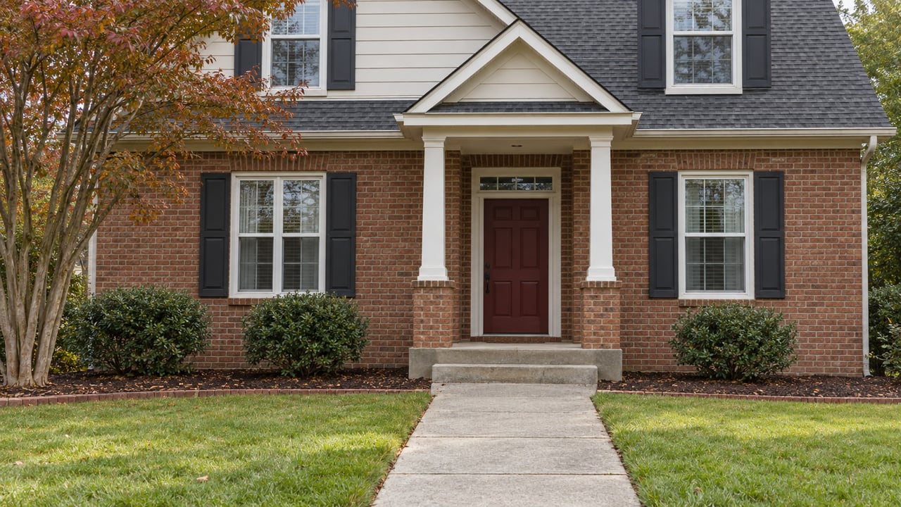 Brick home with a burgundy front door, white portico, paired shuttered windows, and a concrete approach bordered by lawn and autumn planting.