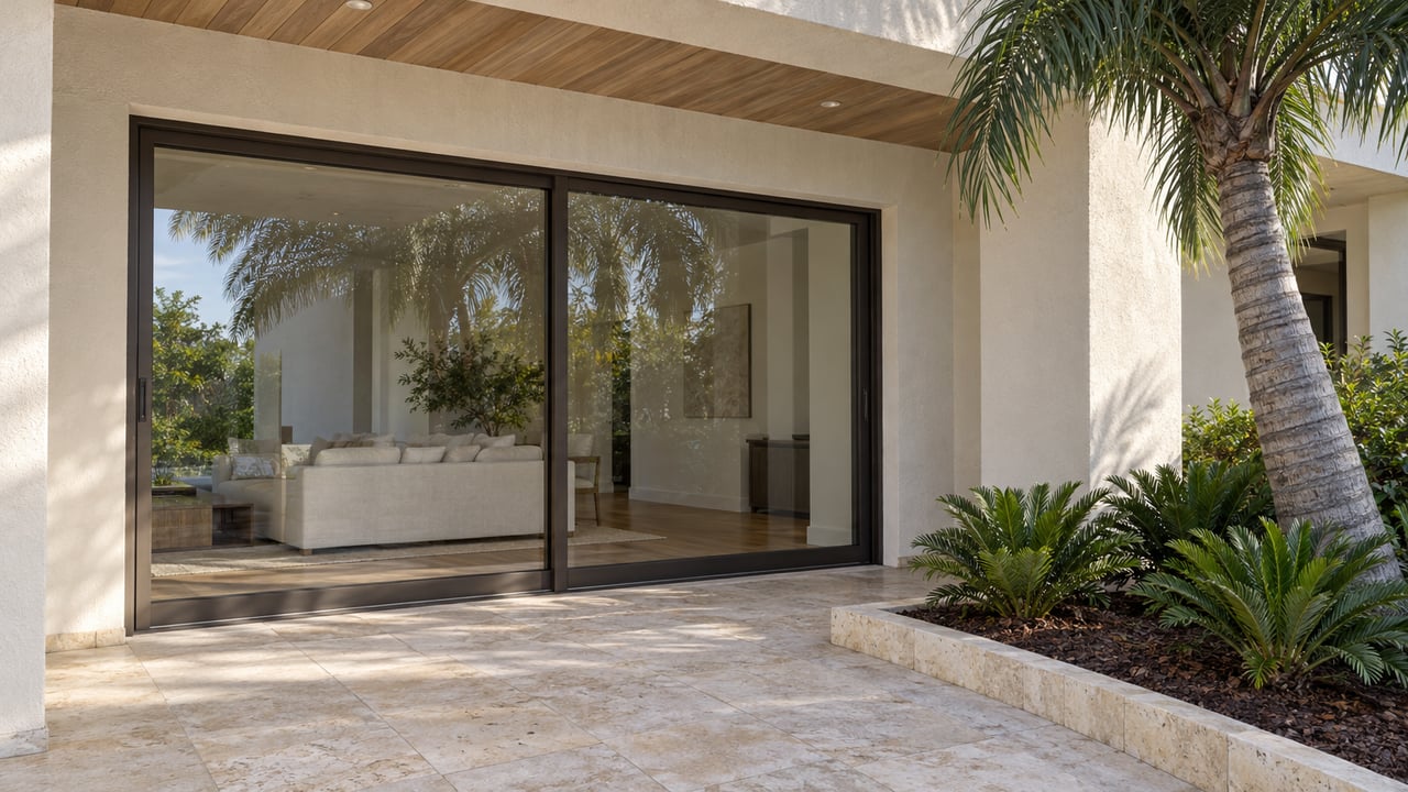 Sunlit limestone terrace beside white stucco, bronze-framed glass doors and a sculptural palm in a raised planting bed.