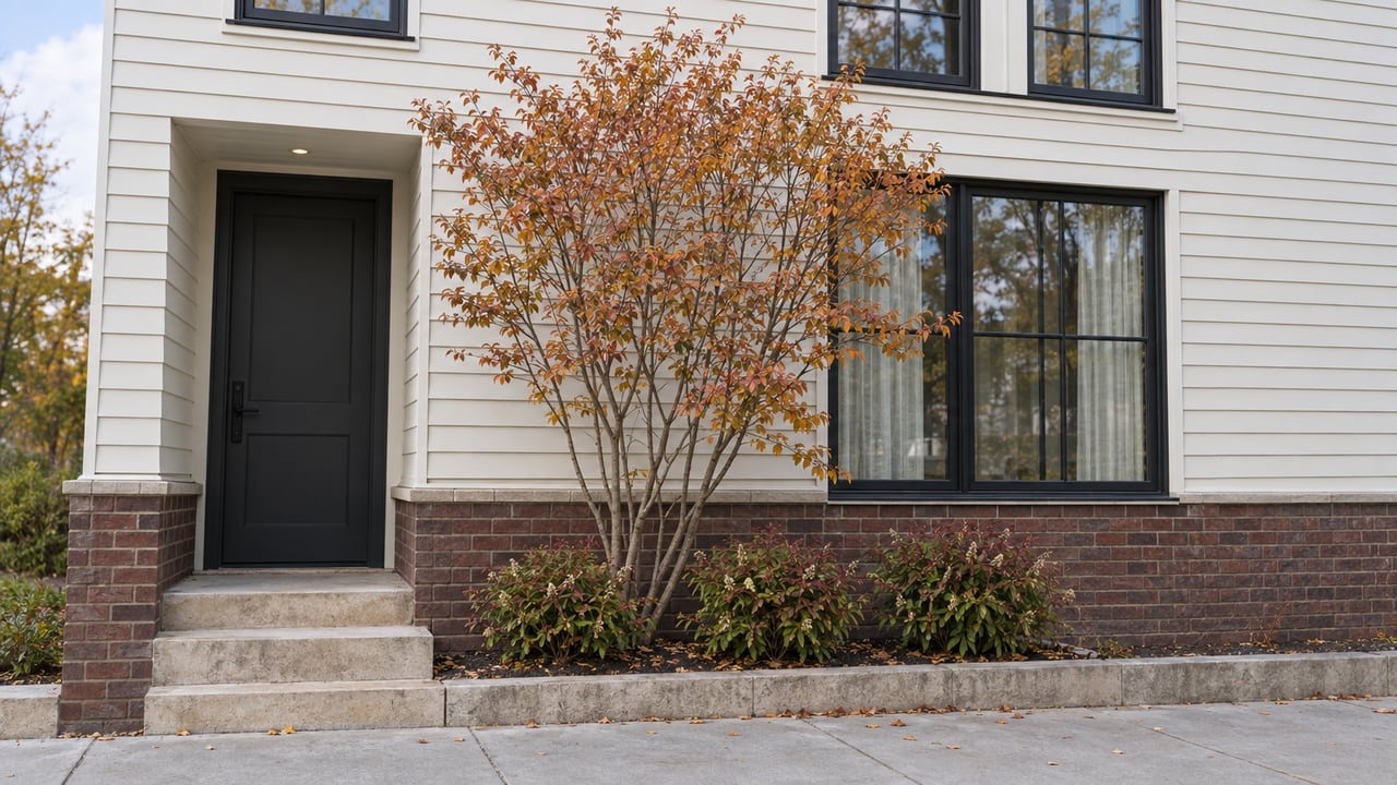 Attached urban home with off-white siding, recessed charcoal door, black-framed windows, and copper-leaved tree in a raised bed.