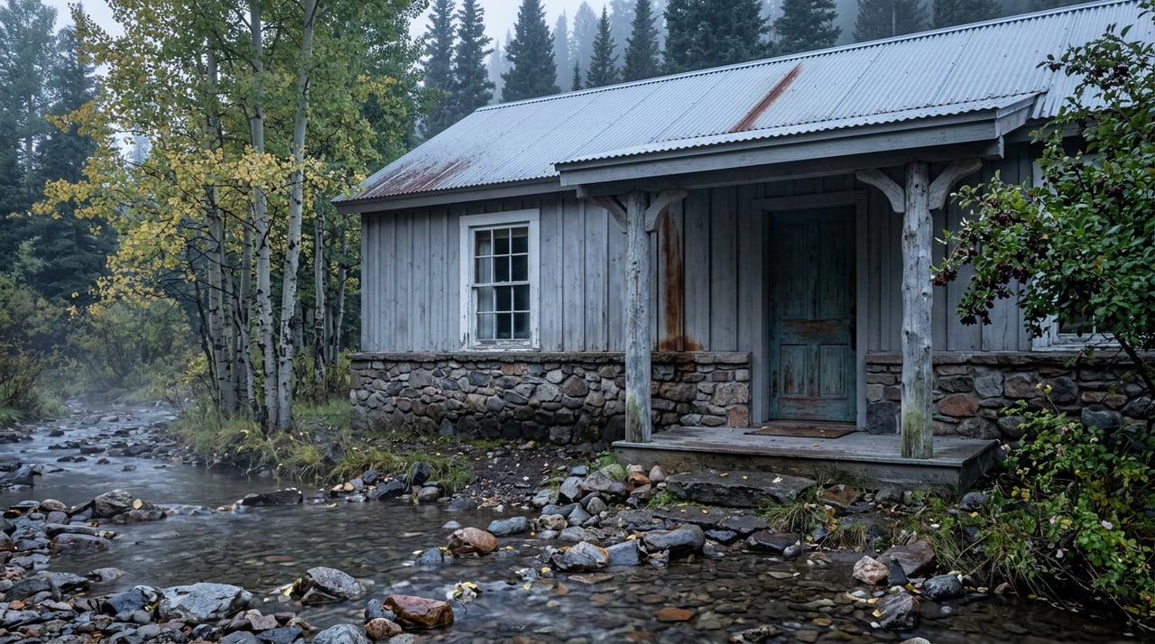 Weathered mountain home with a covered porch stands beyond a rocky stream, beneath spruce and yellowing aspens.