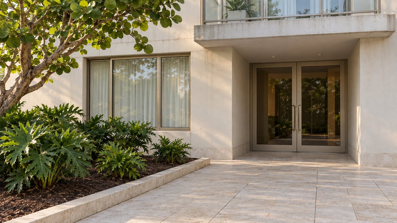 Cream-stucco condominium entrance with closed glass doors, pale limestone paving, a glass balcony and carefully planted garden bed.