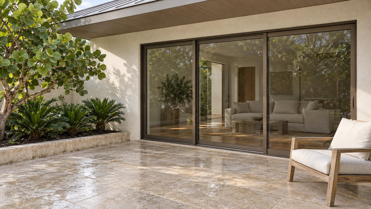 Covered terrace with shell limestone paving, bronze-framed glass doors, a teak lounge chair, and sea-grape planting beside a pale stucco home.