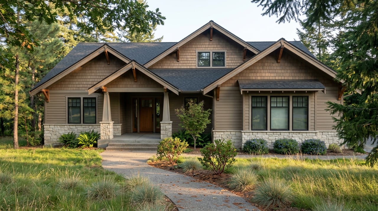 Mountain lodge-style home with multi-gabled roof, stone base, cedar siding, meadow grasses, and a curving path.