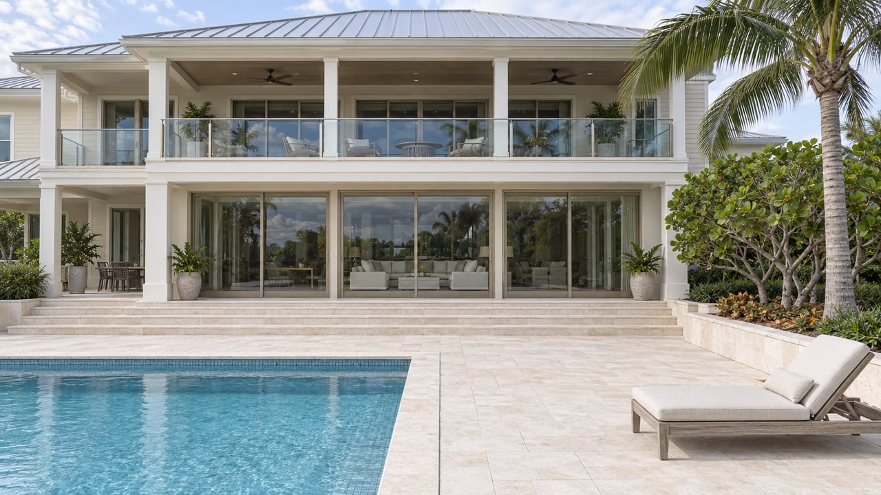 Light-sided waterfront home with a covered glass balcony, limestone pool terrace, weathered teak chaise and sculptural tropical planting.