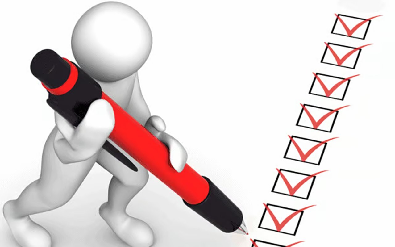 3D figure checking a vertical list of boxes with an oversized red pencil