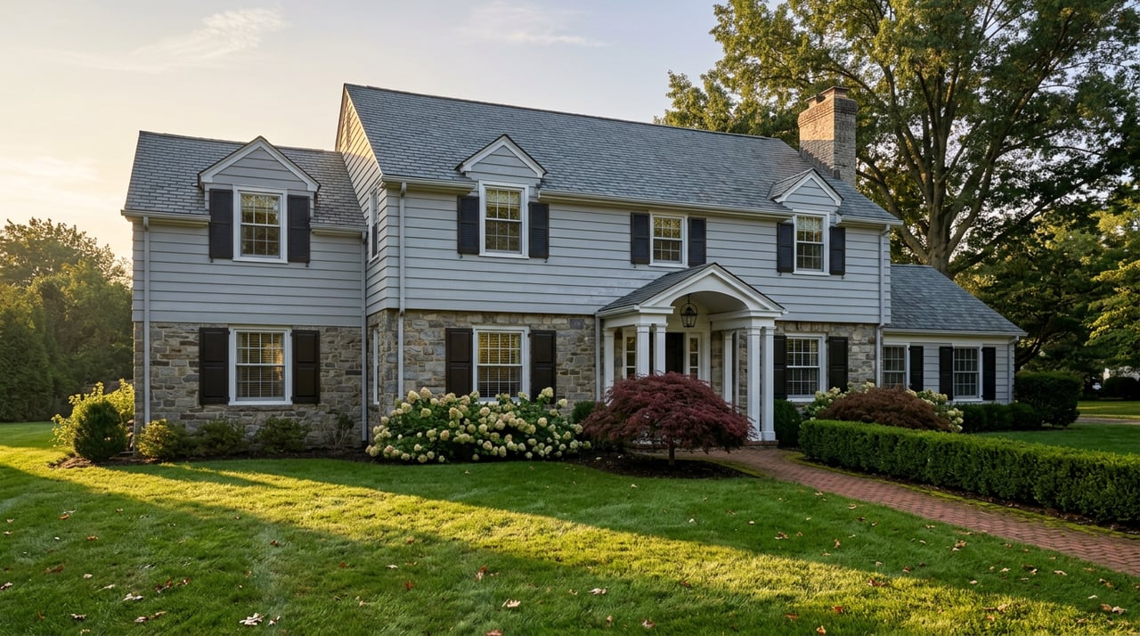 Two-story Colonial home with fieldstone base, gray clapboard siding, dormers, and a brick walkway through the lawn.
