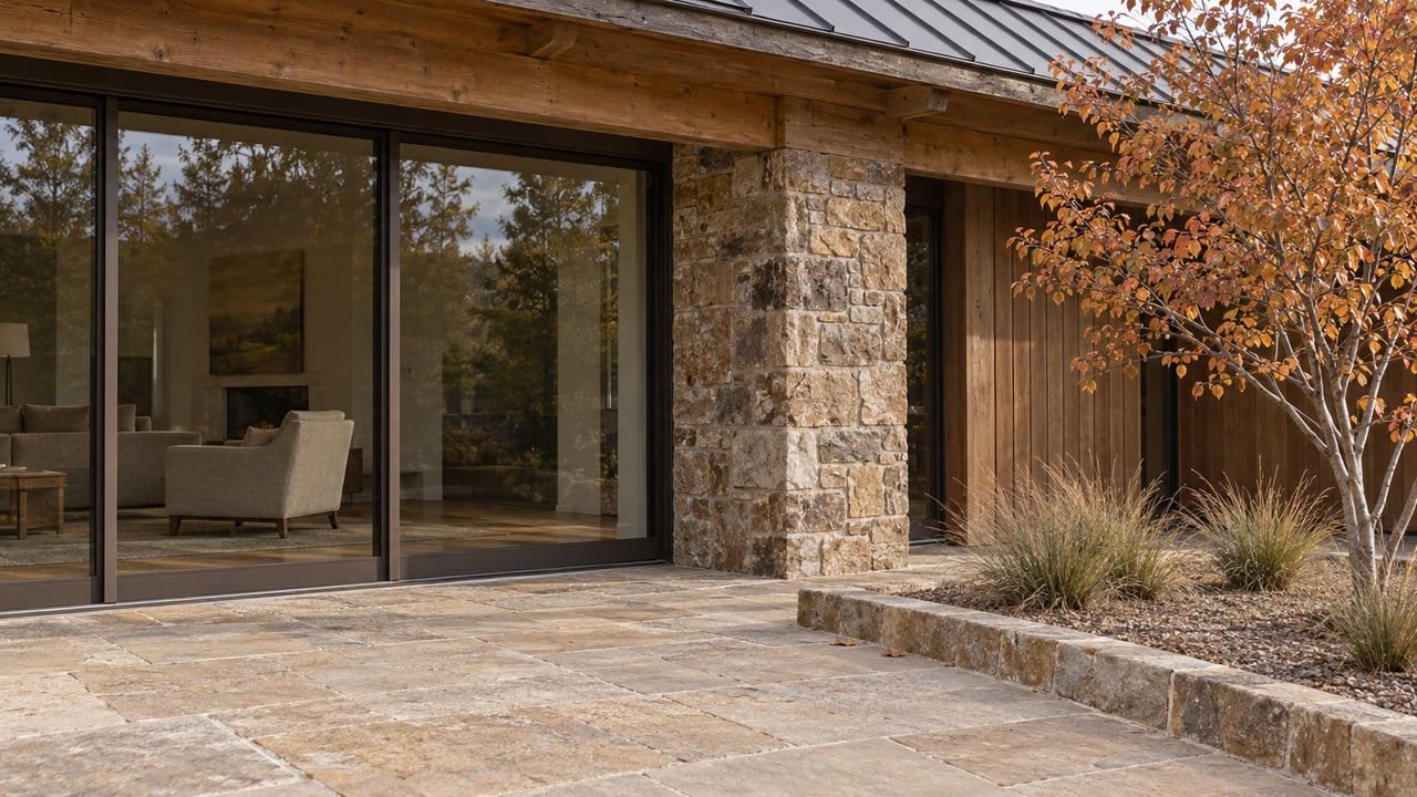 Weathered timber and sandstone ranch-house terrace beside bronze-framed windows and copper-leaved serviceberry.