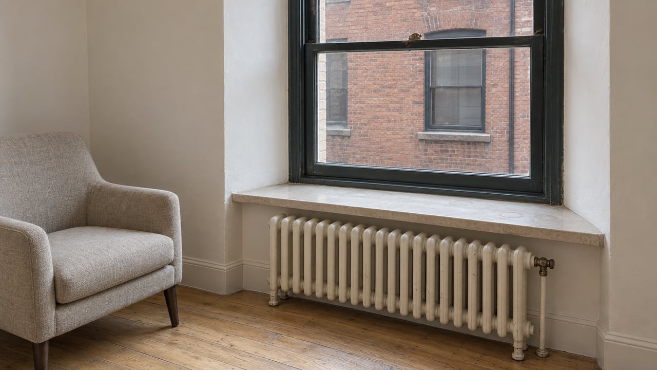 Tall timber sash window, limestone sill and cast-iron radiator in an updated apartment, with pale oak floors and a wool lounge chair.