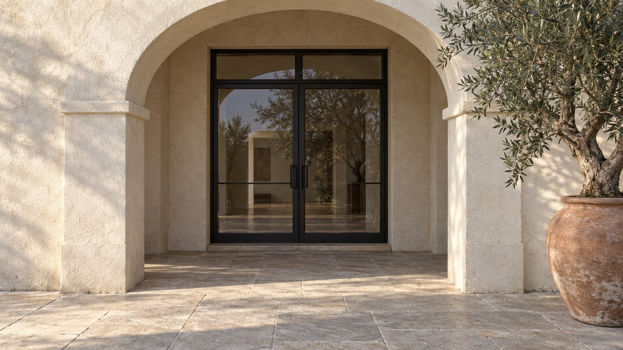 Warm sunlight crosses a limestone terrace beneath an ivory stucco arch, beside black-framed glass doors and a potted olive tree.