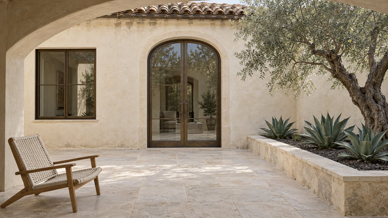 A shaded stucco loggia with arched bronze-framed glass doors, limestone paving, a teak lounge chair and an olive tree in a raised stone bed.