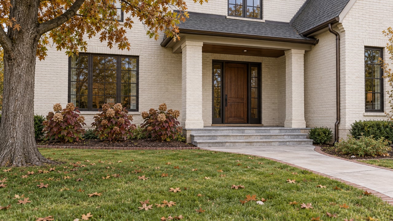Ivory painted-brick home with a covered walnut entry, limestone steps and a deep autumn lawn beneath a mature oak.