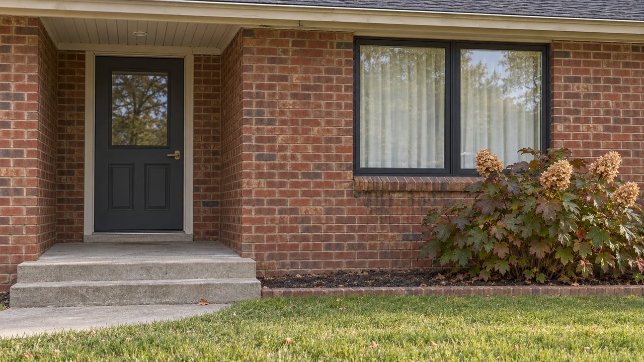 Red-brown brick home with a recessed charcoal front door, black-framed window, concrete porch steps and oakleaf hydrangea.