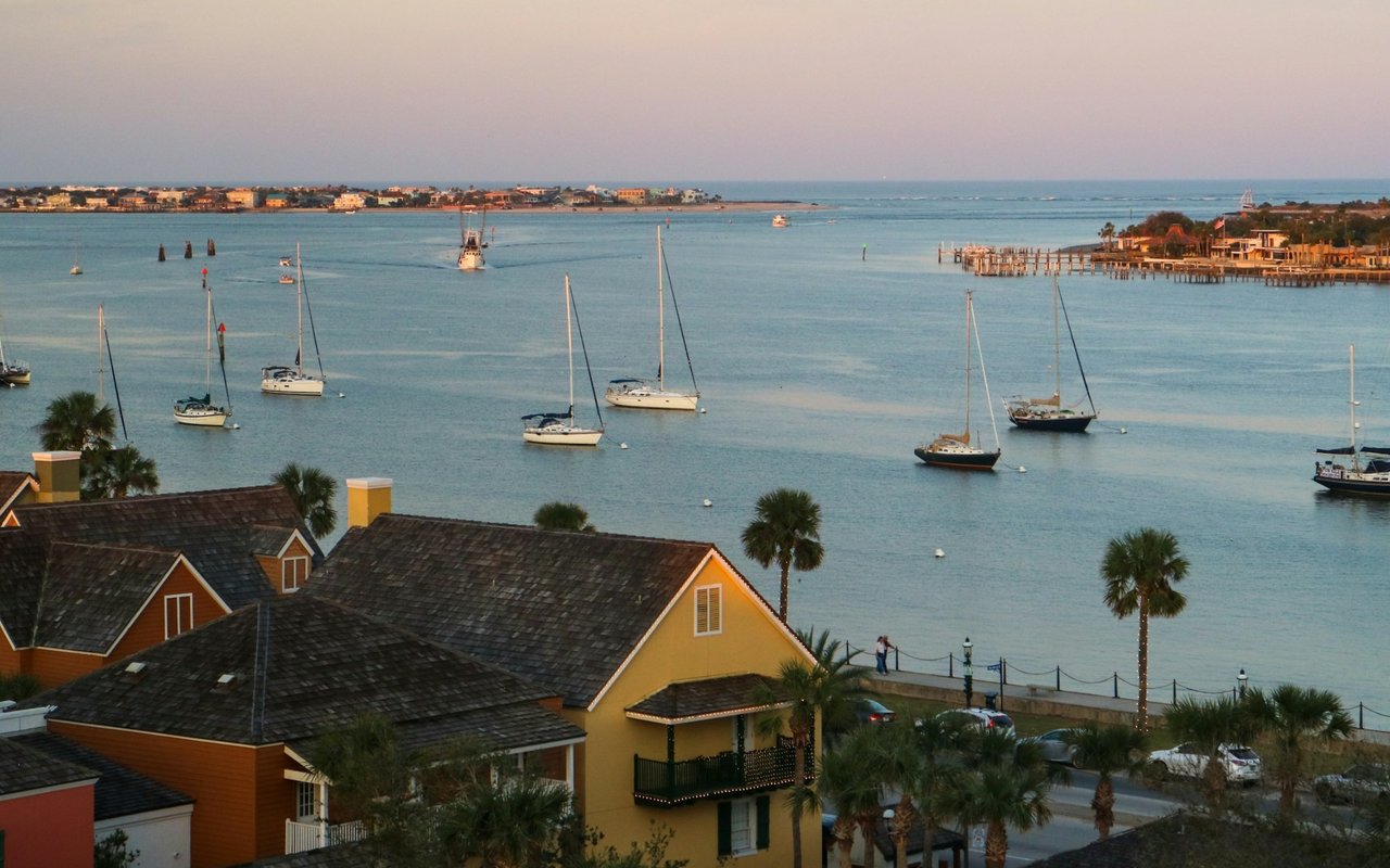 Waterfront with anchored sailboats, coastal homes, and palm trees at dusk.
