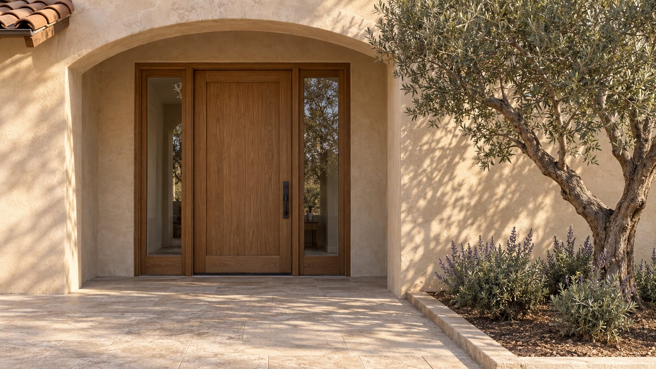 Warm stucco arched entry with an oak-framed glass door, limestone landing and a sculptural olive tree.