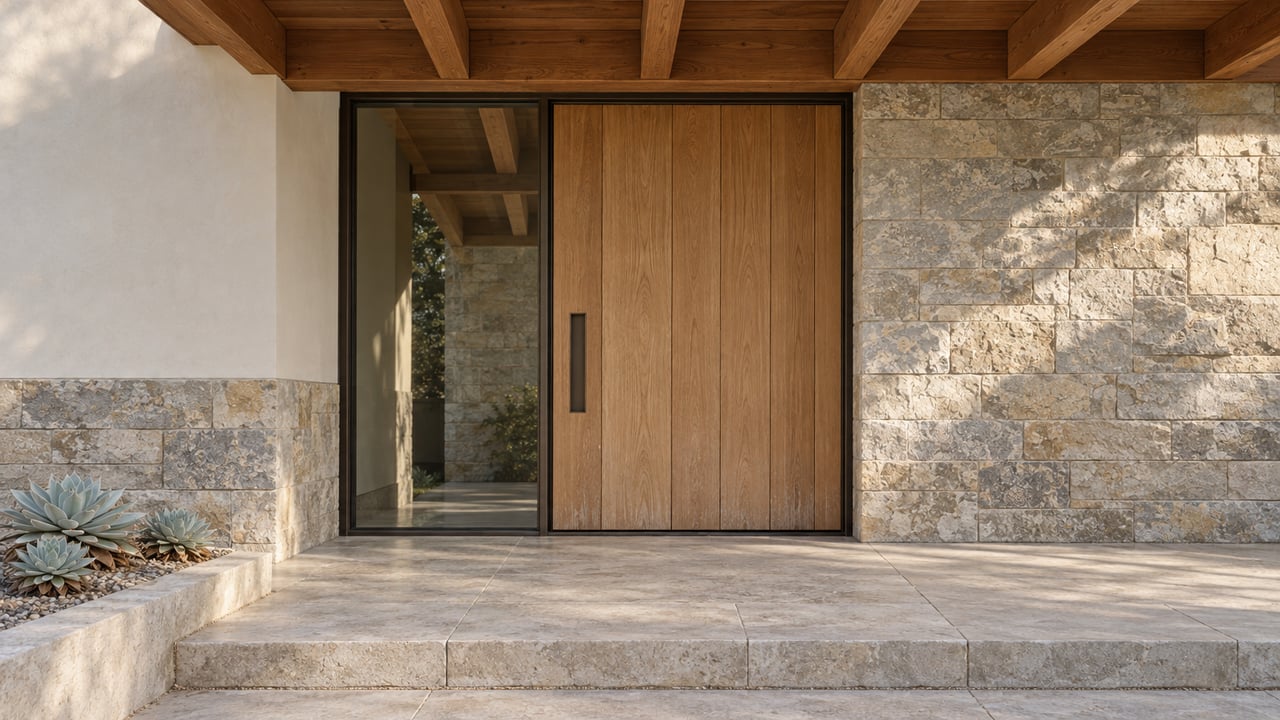 Close view of an oak entrance door with bronze-framed sidelight, textured limestone walls, timber canopy and a raised bed of silver succulent rosettes.