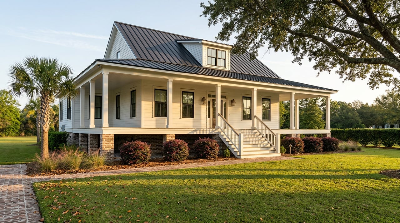 White coastal home with a black metal roof, raised wraparound porch, central stairs, and broad lawn under oak branches.