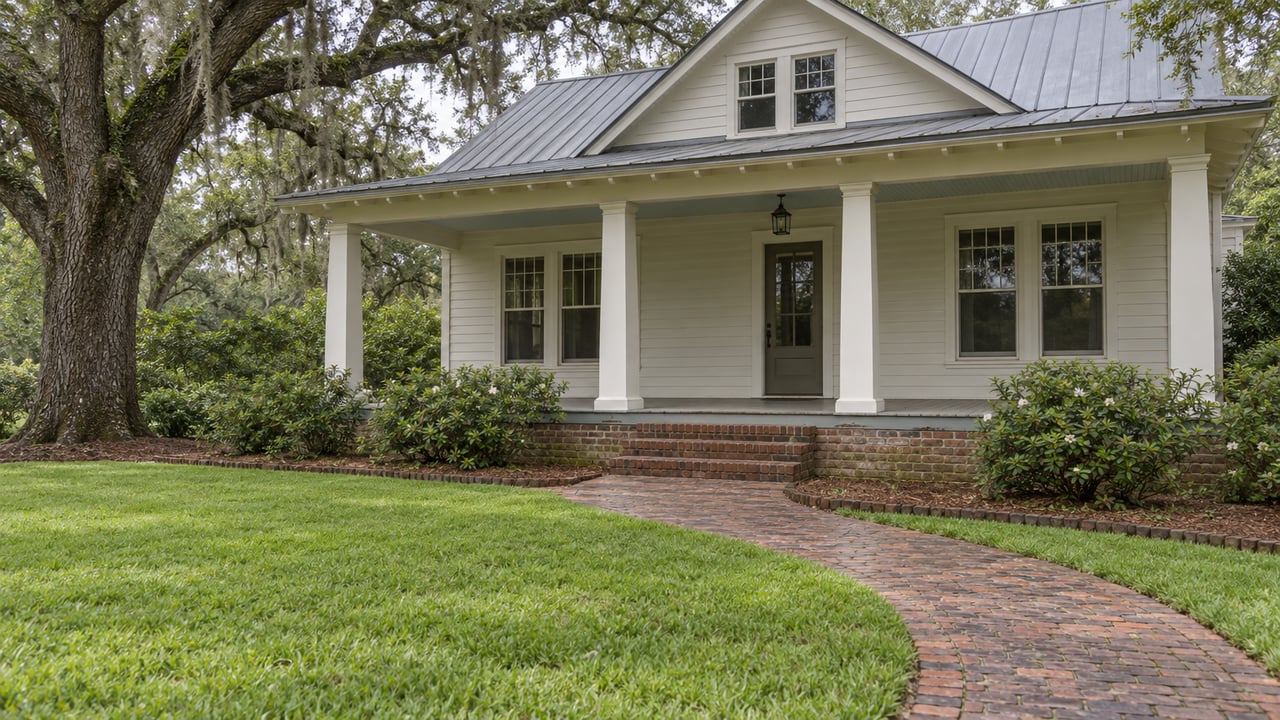 Ivory-sided home with a deep covered porch, brick approach and broad lawn beneath a mature oak.