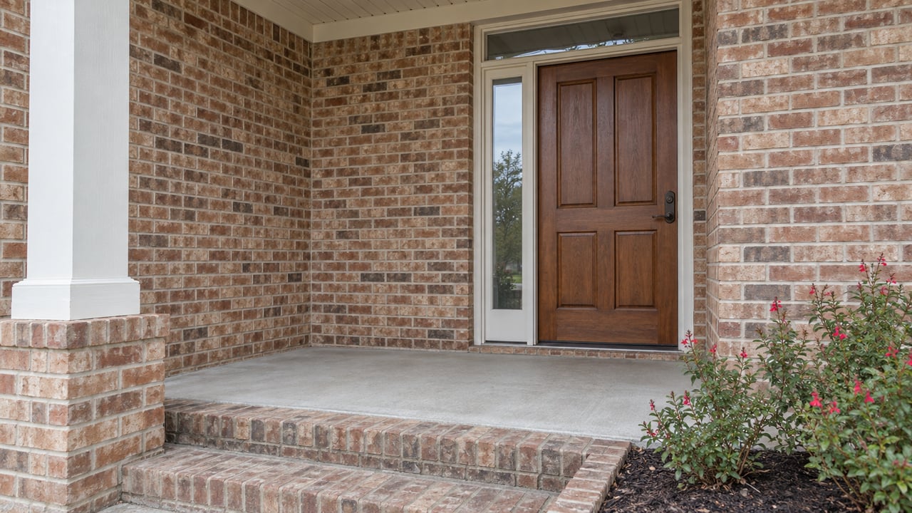 A warm brick home entrance with a wood door, white porch post, broad brick steps and red-flowering autumn sage.
