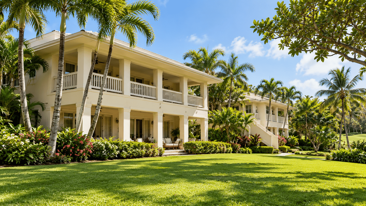 Cream-colored villas with covered balconies framed by palms and tropical landscaping beside a broad green lawn.