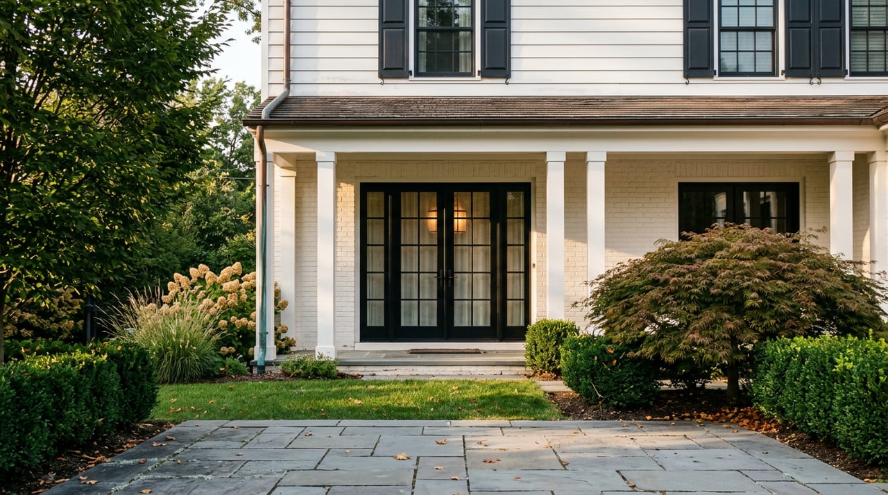 Colonial home’s rear facade and covered porch beyond a bluestone patio, framed by autumn trees and fallen maple leaves.