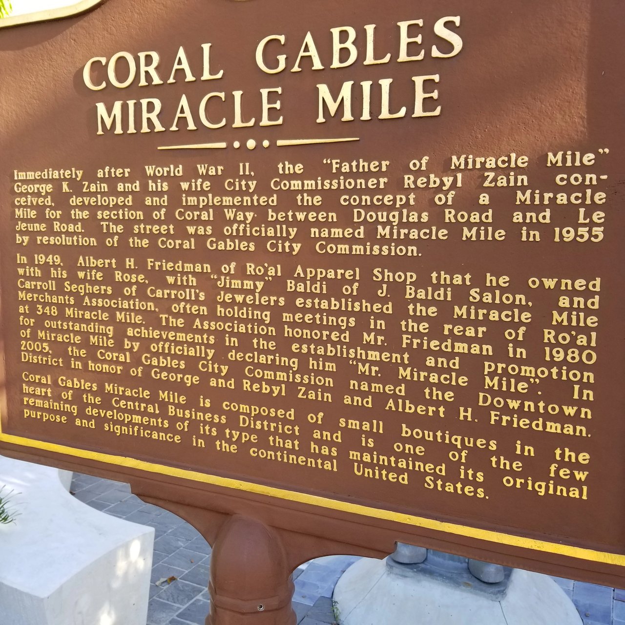 Photo of the Coral Gables Miracle Mile history sign