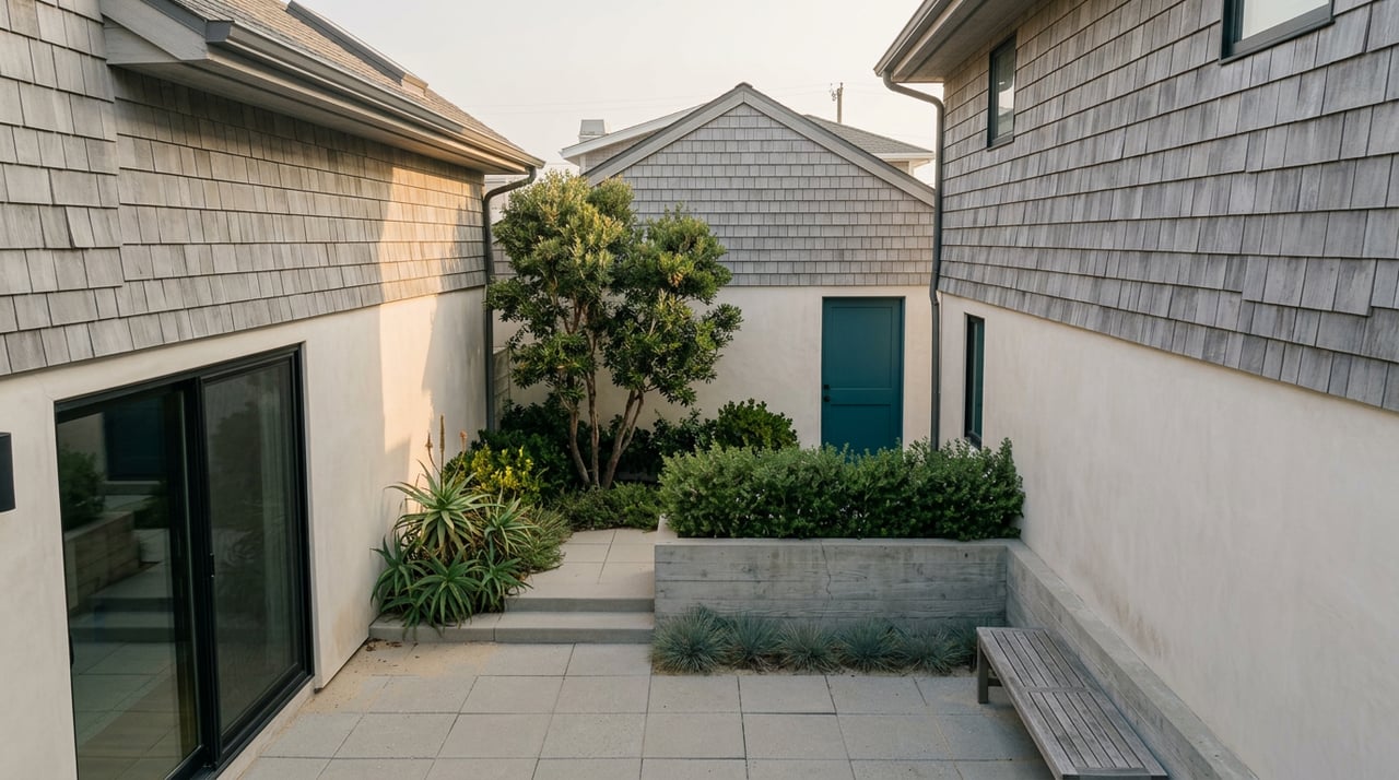 Narrow courtyard between shingle-and-stucco cottages, with a teal door, paver patio, and multi-trunk tree.