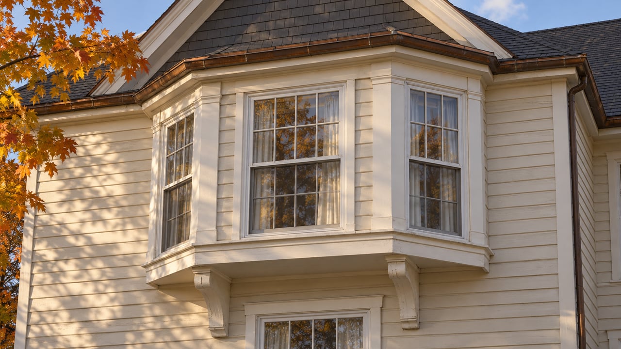 Warm autumn light on a cream clapboard home's second-floor bay windows, white wooden brackets and dark gabled roof, with a sugar maple branch at the edge.