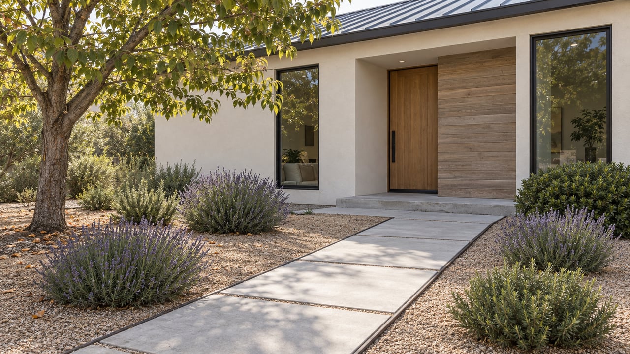 Contemporary ivory-stucco house with oak entry, diagonal paver walk, lavender beds, and a mature cherry tree.
