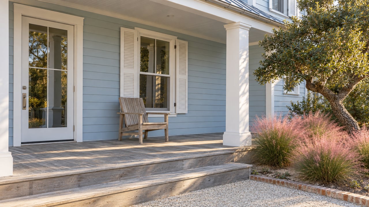 Pale-blue coastal cottage porch with a closed glass entry, white shutters, silvered decking, and a weathered teak chair beside pink muhly grass.