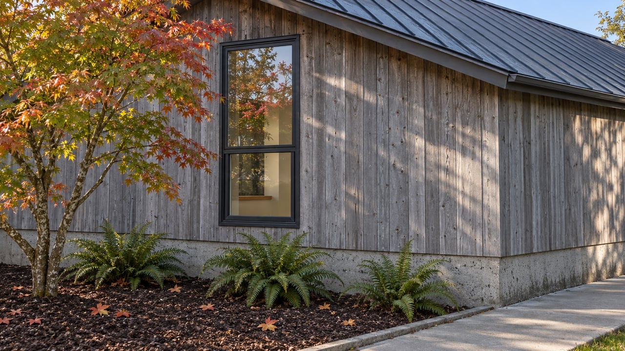 Morning light on weathered cedar siding and a black-framed window, with an autumn vine maple and sword ferns beside a concrete garden path.