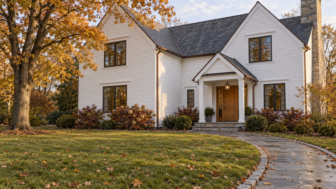 Autumn light across a white clapboard estate home, slate gables, bluestone entry walk and a broad lawn beneath a mature sugar maple.