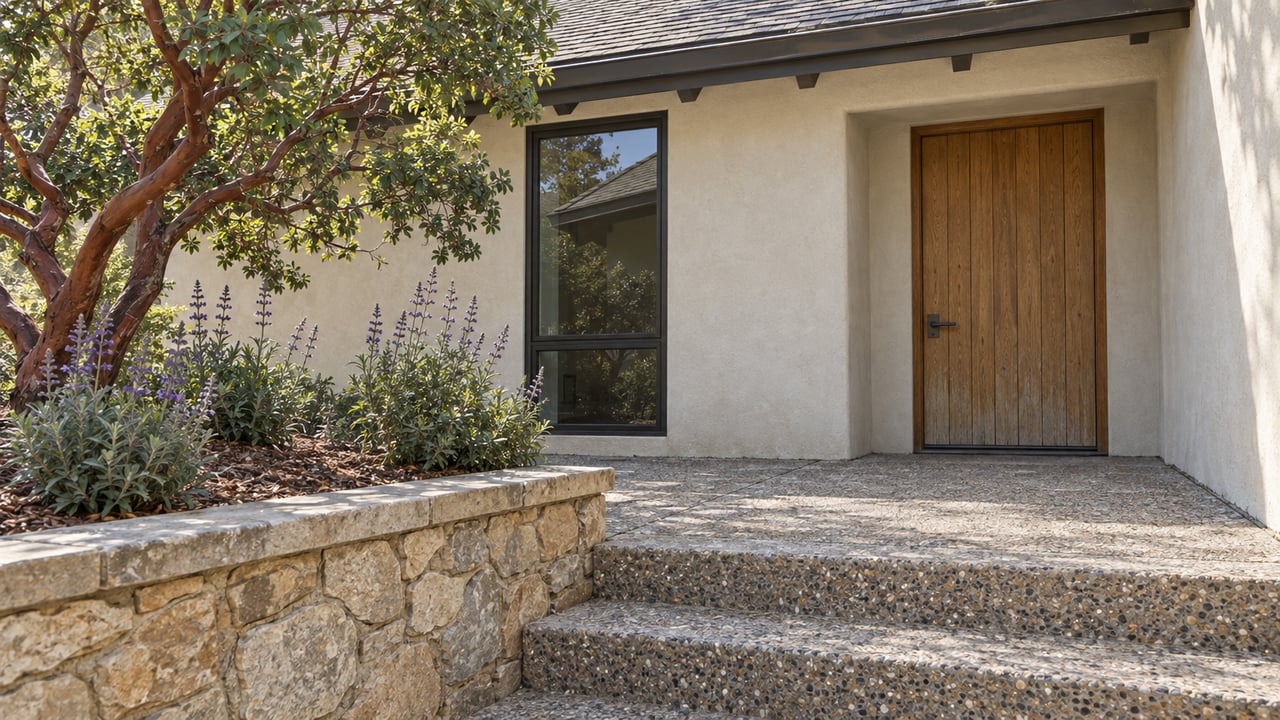 Ivory stucco home entrance with an oak door, dark-framed window, stone garden wall and sculptural manzanita.