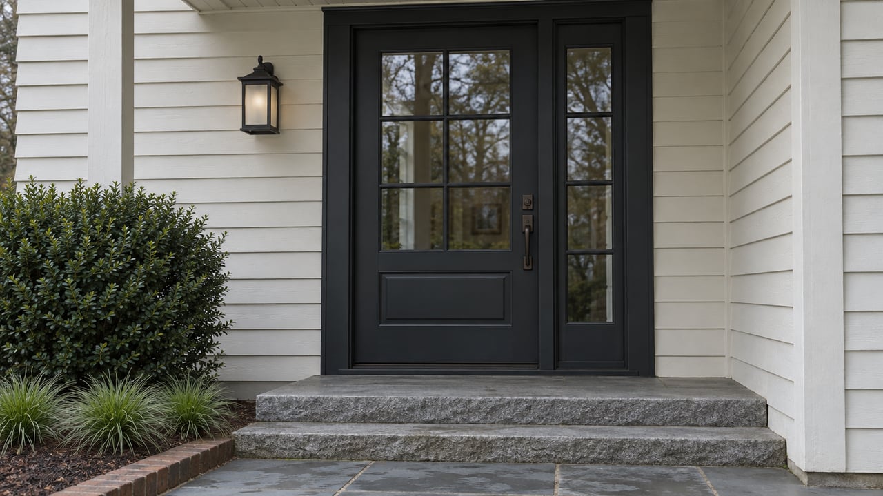 Charcoal glazed front door with a matching sidelight above granite steps and a bluestone landing.