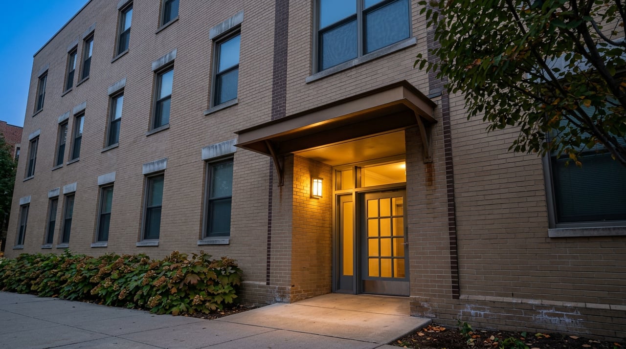 Masonry apartment entrance beneath a glowing lantern, with bronze canopy, divided-lite door, and serviceberry leaves overhead.
