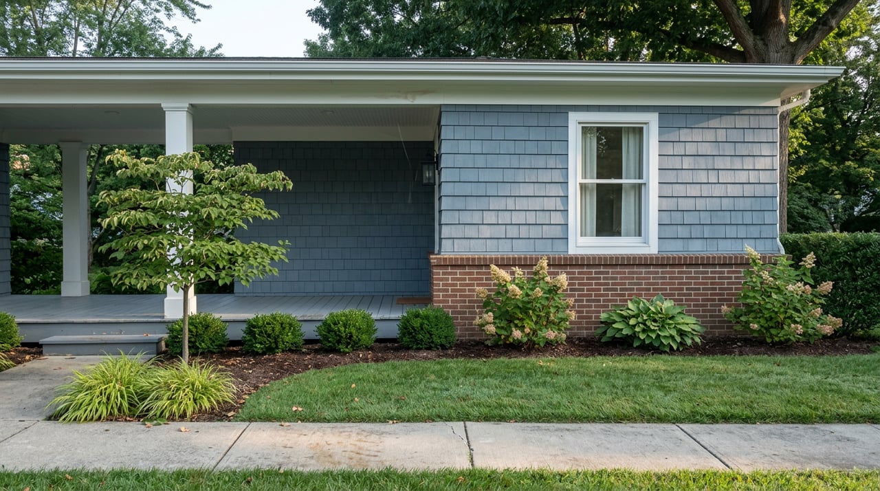 White porch column beside a blue-gray shingled wall, with a concrete walk, dew-lit lawn, and foundation plantings.