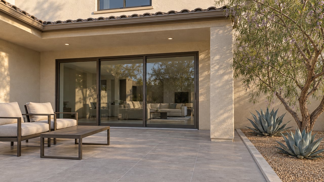 Covered terrace with bronze-framed glass doors, warm stucco, two cushioned outdoor chairs and sculptural desert planting.