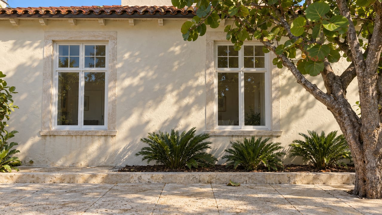 Cream stucco home with tall divided-light windows, red clay roof tiles and a limestone garden terrace beside a sea-grape tree.