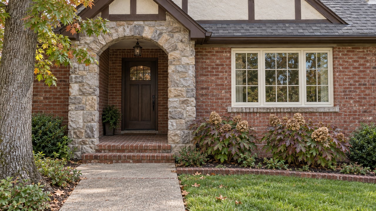 Red-brick home with a stone-arched entrance, cream stucco gable and oakleaf hydrangeas beside a swept front walk.