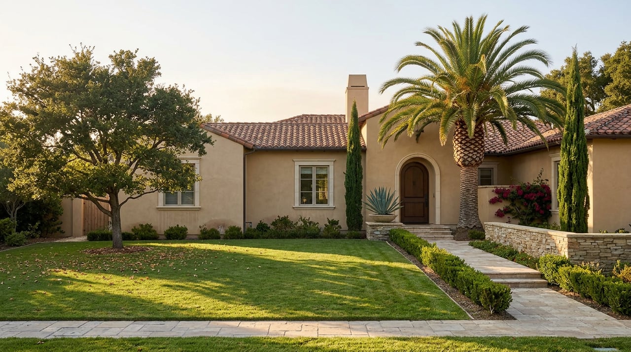 Spanish-style stucco home with terracotta roof, arched entry, palm, cypress trees, and broad green lawn.